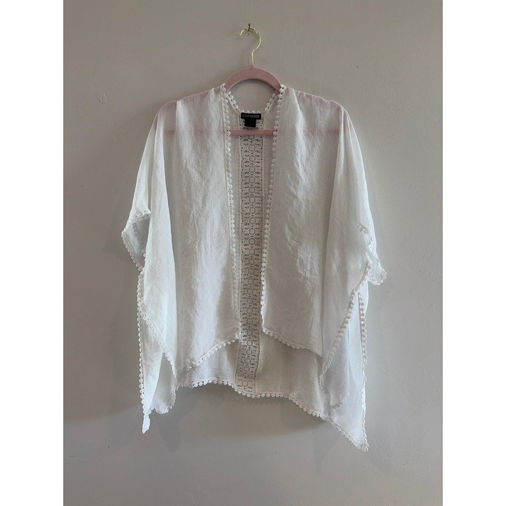 Steve Madden White Lace Trim Kimono Wrap Open Front Cover Up One Size